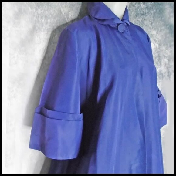 50s Vintage Swing Coat Evening New Look Blue Taffeta Outerwear - Picture 2 of 16